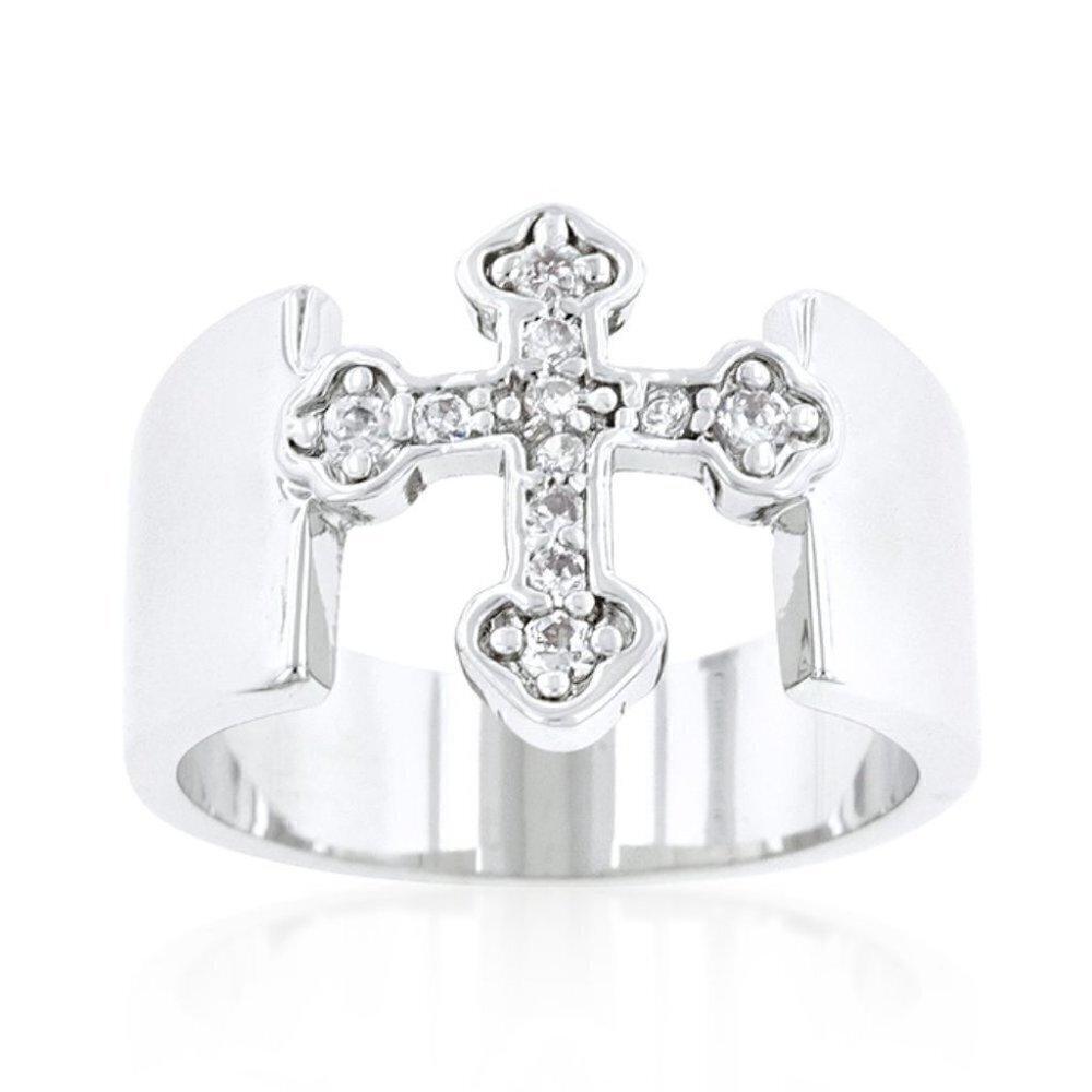 Divine Christian Open Band Cz Clear Cross Silver Brass Ring - Picture 2 of 9